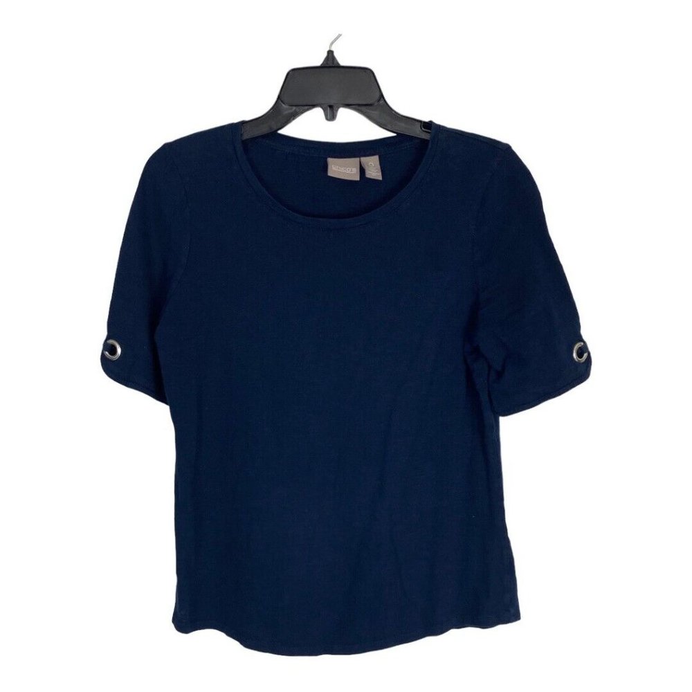 Chicos Womens Shirt Adult Size 0=Small Blue Short Sleeve Silver Detail Blouse